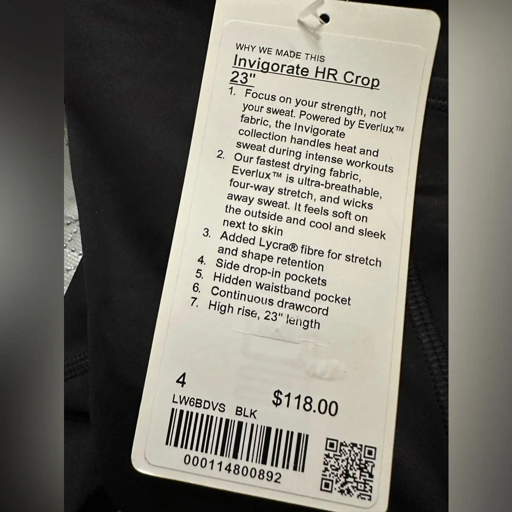 Lululemon Invigorate High Rise NWT Crop 23” size 4 black color - Picture 7 of 7